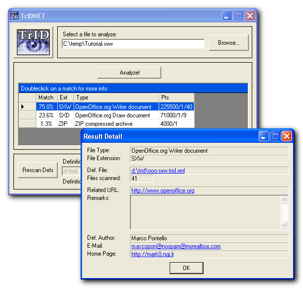 Sample screenshot: TrIDNet recognizing an SXW OpenOffice.org Writer's document.