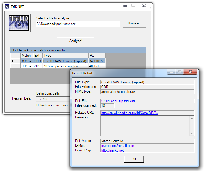 Sample screenshot: TrIDNet recognizing an LA Lossless Audio compressed file.
